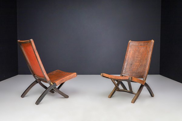 Cognac-Colored Saddle Leather Folding Chairs Ecuador from Angel I. Pazmino, 1970s, Set of 2-TRW-1797135