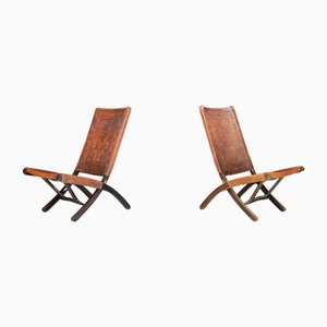 Cognac-Colored Saddle Leather Folding Chairs Ecuador from Angel I. Pazmino, 1970s, Set of 2-TRW-1797135