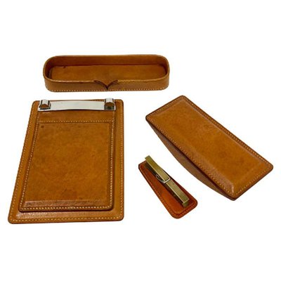 Cognac Colored Stitched Leather Desk Set, Set of 4-UCH-1224353