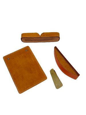 Cognac Colored Stitched Leather Desk Set, Set of 4-UCH-1224353