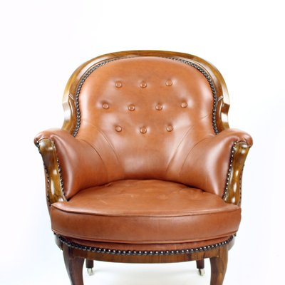 Cognac Leather and Walnut Armchair, Czechoslovakia, 1940s-UL-1095842