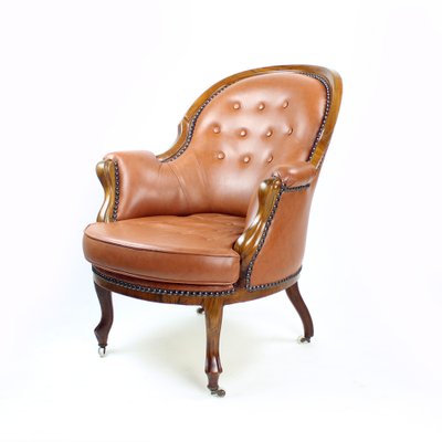 Cognac Leather and Walnut Armchair, Czechoslovakia, 1940s-UL-1095842