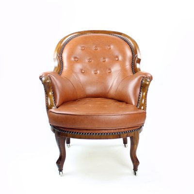 Cognac Leather and Walnut Armchair, Czechoslovakia, 1940s-UL-1095842