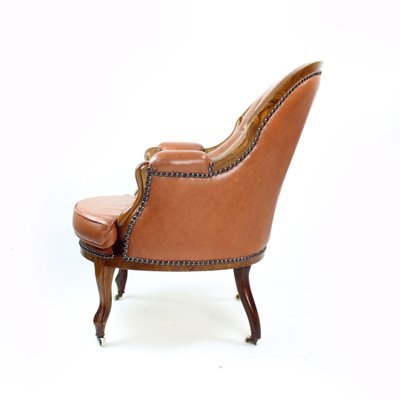 Cognac Leather and Walnut Armchair, Czechoslovakia, 1940s-UL-1095842