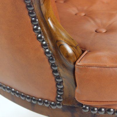 Cognac Leather and Walnut Armchair, Czechoslovakia, 1940s-UL-1095842