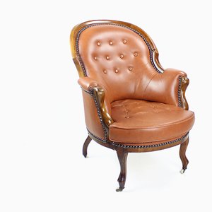 Cognac Leather and Walnut Armchair, Czechoslovakia, 1940s-UL-1095842