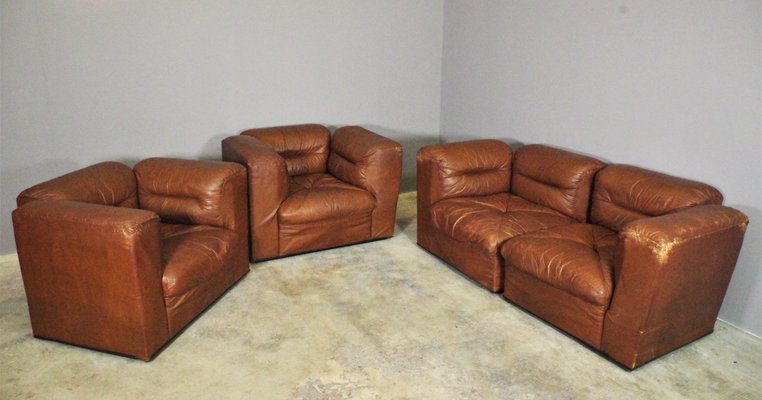 Cognac Leather Armchairs from B. L. Arredamenti, 1970s, Set of 4-KNM-1105412