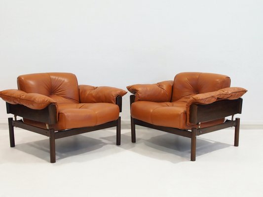 Cognac Leather Mp-13 Armchairs and Footstool by Percival Lafer, 1970s, Set of 3-ZYF-2017355