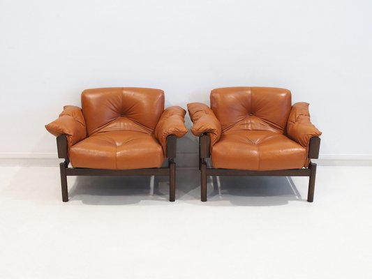 Cognac Leather Mp-13 Armchairs and Footstool by Percival Lafer, 1970s, Set of 3-ZYF-2017355