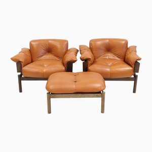 Cognac Leather Mp-13 Armchairs and Footstool by Percival Lafer, 1970s, Set of 3-ZYF-2017355