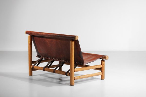 Cognac Leather & Pine Bench, 1950s-YU-1133301