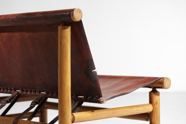 Cognac Leather & Pine Bench, 1950s-YU-1133301