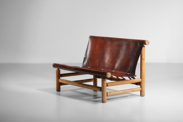 Cognac Leather & Pine Bench, 1950s-YU-1133301