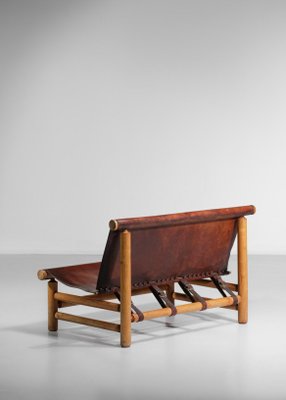 Cognac Leather & Pine Bench, 1950s-YU-1133301