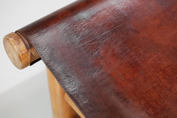 Cognac Leather & Pine Bench, 1950s-YU-1133301