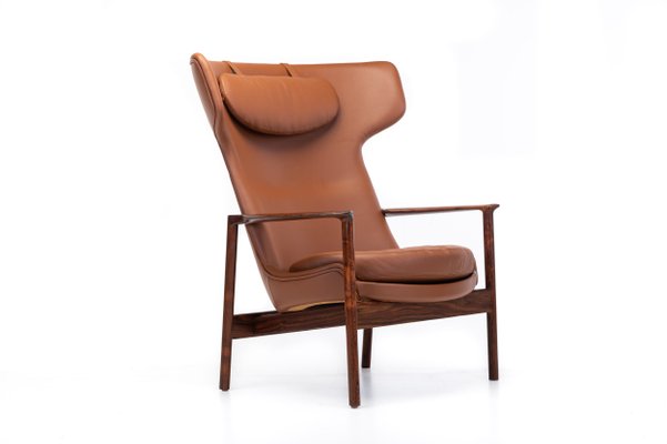 Cognac Leather & Rosewood Wingback Lounge Chair by Ib Kofod Larsen for Fröscher, 1970s-RNH-782790