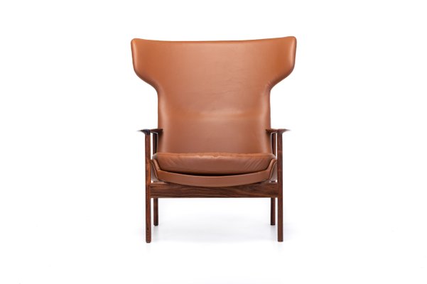 Cognac Leather & Rosewood Wingback Lounge Chair by Ib Kofod Larsen for Fröscher, 1970s-RNH-782790