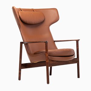 Cognac Leather & Rosewood Wingback Lounge Chair by Ib Kofod Larsen for Fröscher, 1970s-RNH-782790