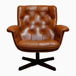 Cognac Leather Swivel Chair attributed to Göte Möbler Nässjö Sweden, 1960s-JE-1773464