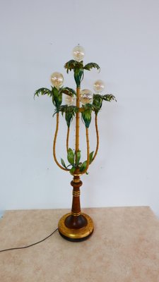 Colored Metal Palm Tree Floor Lamp with Wooden Stand, Italy, 1970s-KK-1082896