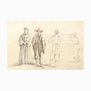 Commoners and Friars - Original Pencil Drawing on Paper y T. Duclère - Mid 1800 Mid 19th Century-ZCI-760262