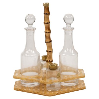 Condiment Set in Acrylic Glass, Wicker and Brass in the style of Christian Dior, Italy, 1970s, Set of 5-LYQ-2020944