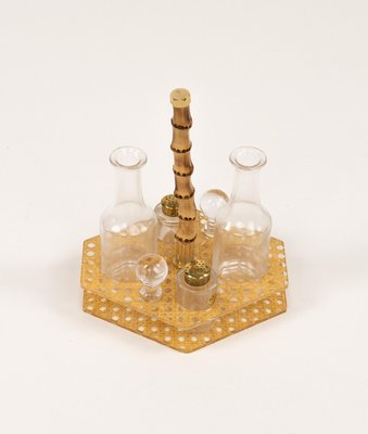 Condiment Set in Acrylic Glass, Wicker and Brass in the style of Christian Dior, Italy, 1970s, Set of 5-LYQ-2020944