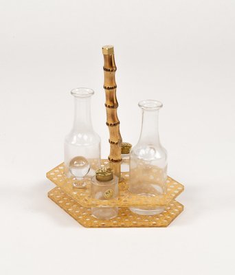 Condiment Set in Acrylic Glass, Wicker and Brass in the style of Christian Dior, Italy, 1970s, Set of 5-LYQ-2020944