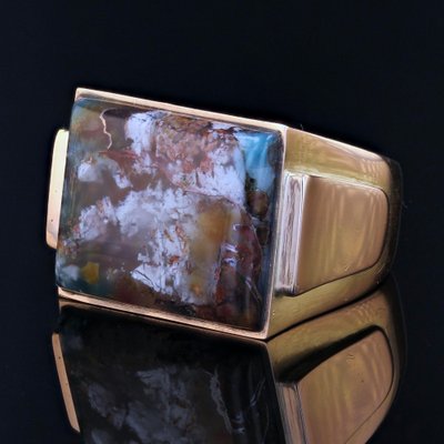 Confetti Agate 18 Karat Yellow Gold Signet Ring, 1950s-OLU-1763984