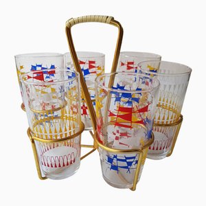 Confetti Decorated Drinking Glasses in Brass Holder, 1950s, Set of 6-QDP-997793