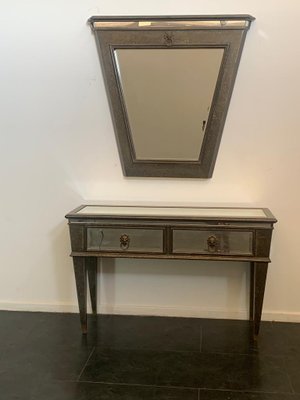 Console and Mirror with Metal Leaf and Bronze Details, 1990s, Set of 2-IJR-1393303