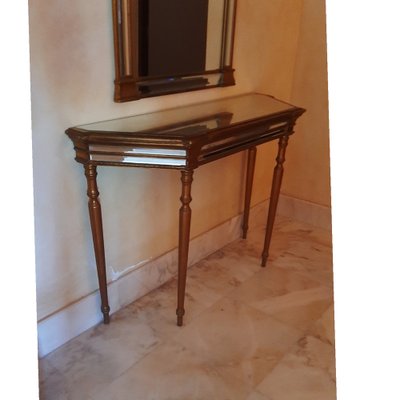 Console Mirrored Table and Mirror in Gilt Gold Wood, 1950s, Set of 2-TCS-1336563