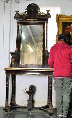 Console Table & Egyptomania Mirror in Polychrome Carved Wood, Madrasa Craft School, Early 20th-Century-SYQ-1115828