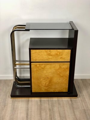 Console Table in Wood, Brass, Chrome and Smoked Glass, Italy, 1970s-LYQ-1171754