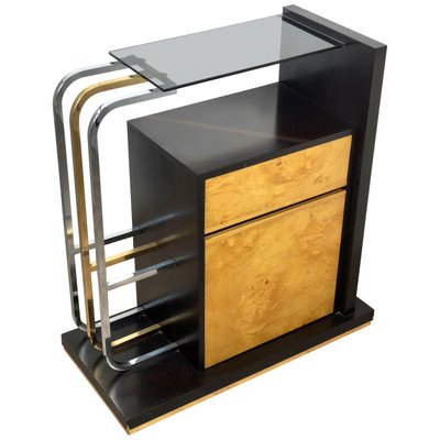 Console Table in Wood, Brass, Chrome and Smoked Glass, Italy, 1970s-LYQ-1171754