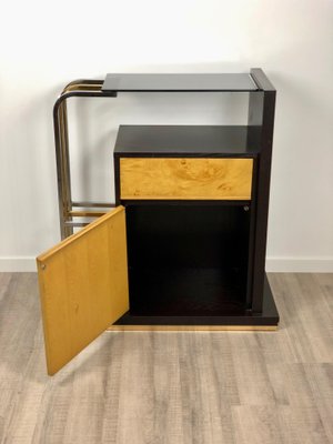 Console Table in Wood, Brass, Chrome and Smoked Glass, Italy, 1970s-LYQ-1171754