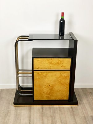 Console Table in Wood, Brass, Chrome and Smoked Glass, Italy, 1970s-LYQ-1171754