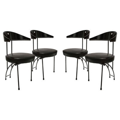 Contemporary Black Lacquered Iron Leatherette Chairs, Italy, 1980, Set of 4-UZ-1091086