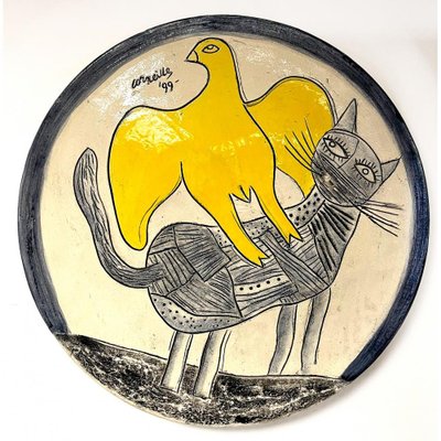 Corneille, Composition with Bird and Cat, Ceramic Dish-MTD-1757674