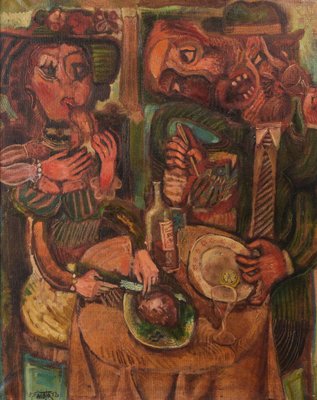 Couple Having Lunch, 1972, Oil on Canvas, Framed-AOI-1360116