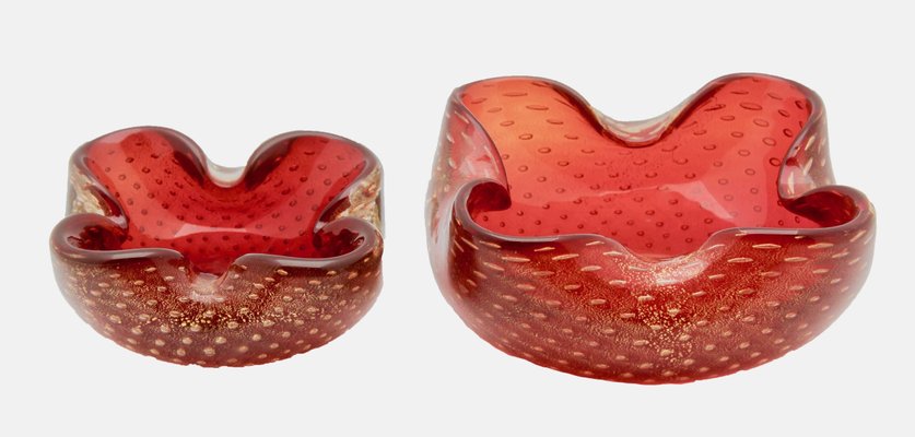 Cranberry Red Controlled Bubble Glass Bowls with Gold Fleck Inclusions by Archimede Seguso, Set of 2-MJY-1148936