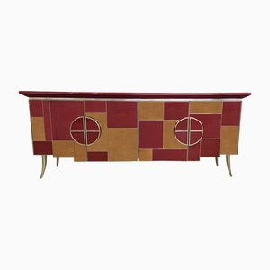 Credenza with 4 Doors in Bordeaux Red Glass and Mirror-BEW-1822760