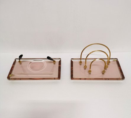 Crystal Glass and Brass Desk Pen Holder and Paperweight from Saint Gobain France, 1970s, Set of 2-ZST-1166494