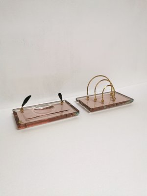 Crystal Glass and Brass Desk Pen Holder and Paperweight from Saint Gobain France, 1970s, Set of 2-ZST-1166494