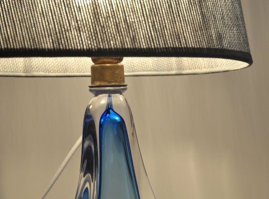 Crystal Table Lamp in Blue with Marble Look Shade from Val Saint Lambert-YXG-1173696