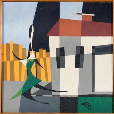 Cubist Artist, Composition with House, 1959, Painting, Framed-SA-1758456