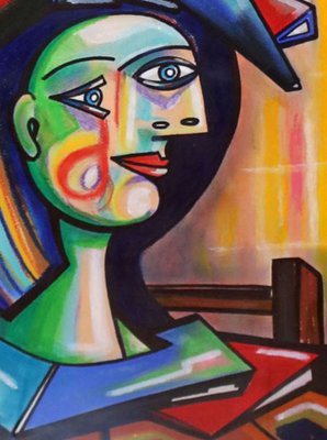 Cubist Portrait, Late 20th Century, Painting, Framed-YZB-1822514