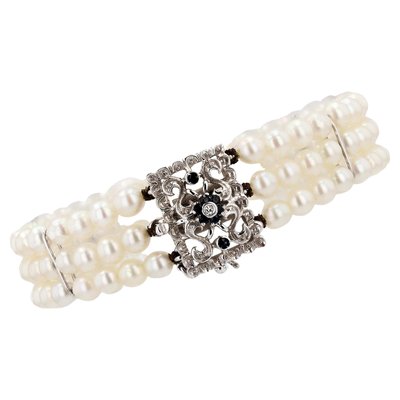 Cultured Pearl 18 Karat White Gold Sapphire Diamond Clasp 3 Rows Bracelet, 1970s-OLU-2042365