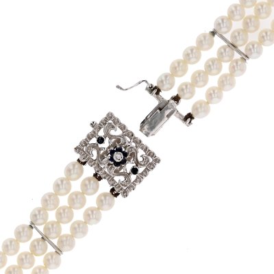 Cultured Pearl 18 Karat White Gold Sapphire Diamond Clasp 3 Rows Bracelet, 1970s-OLU-2042365