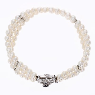 Cultured Pearl 18 Karat White Gold Sapphire Diamond Clasp 3 Rows Bracelet, 1970s-OLU-2042365